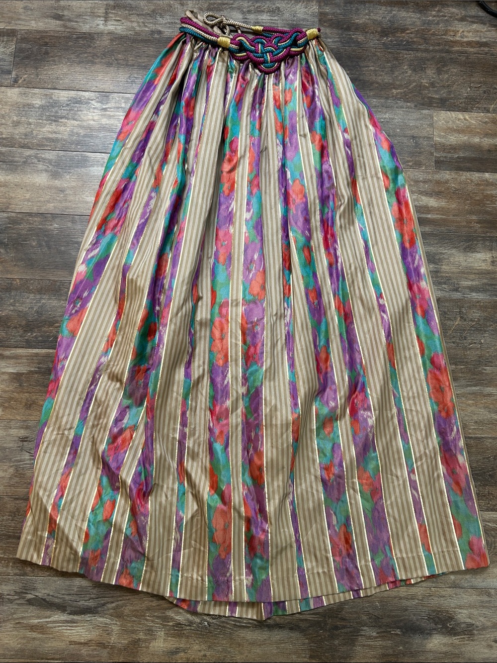 Vintage 100% Silk Multicolor Floral Stripe Maxi Skirt - Women's